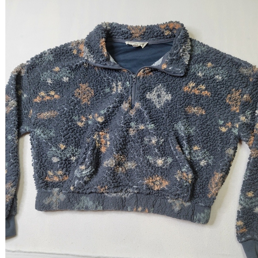 Hippie Rose Blue Sherpa Fleece Quarter Zip Pullover Southwestern Cropped Medium